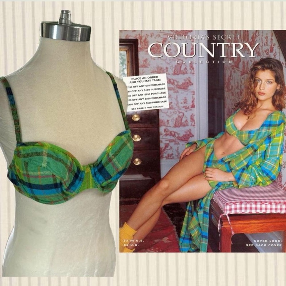1990’s Victoria's Secret Country Cover Green and Blue Plaid Underwire Bra Set